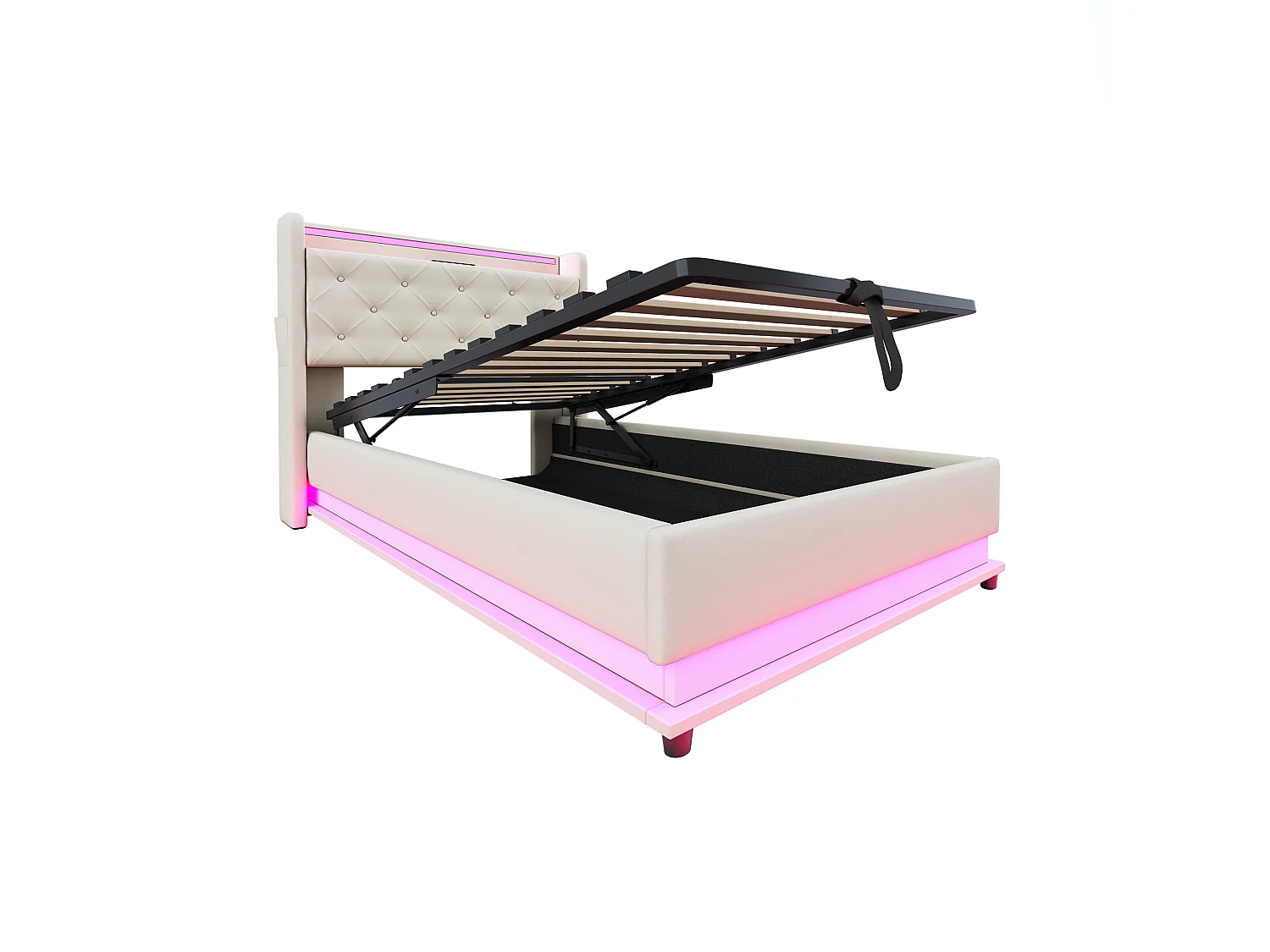 Lit coffre enfant 90x200cm beige en lin,tête de lit de rangement avec LED et USB, sans matelas