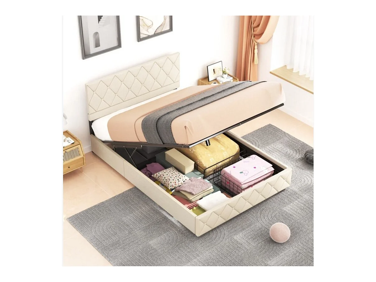 Lit coffre 140x190 cm, lit adulte avec tête de lit de décoration couture bouton et sommier à lattes, beige, sans matelas