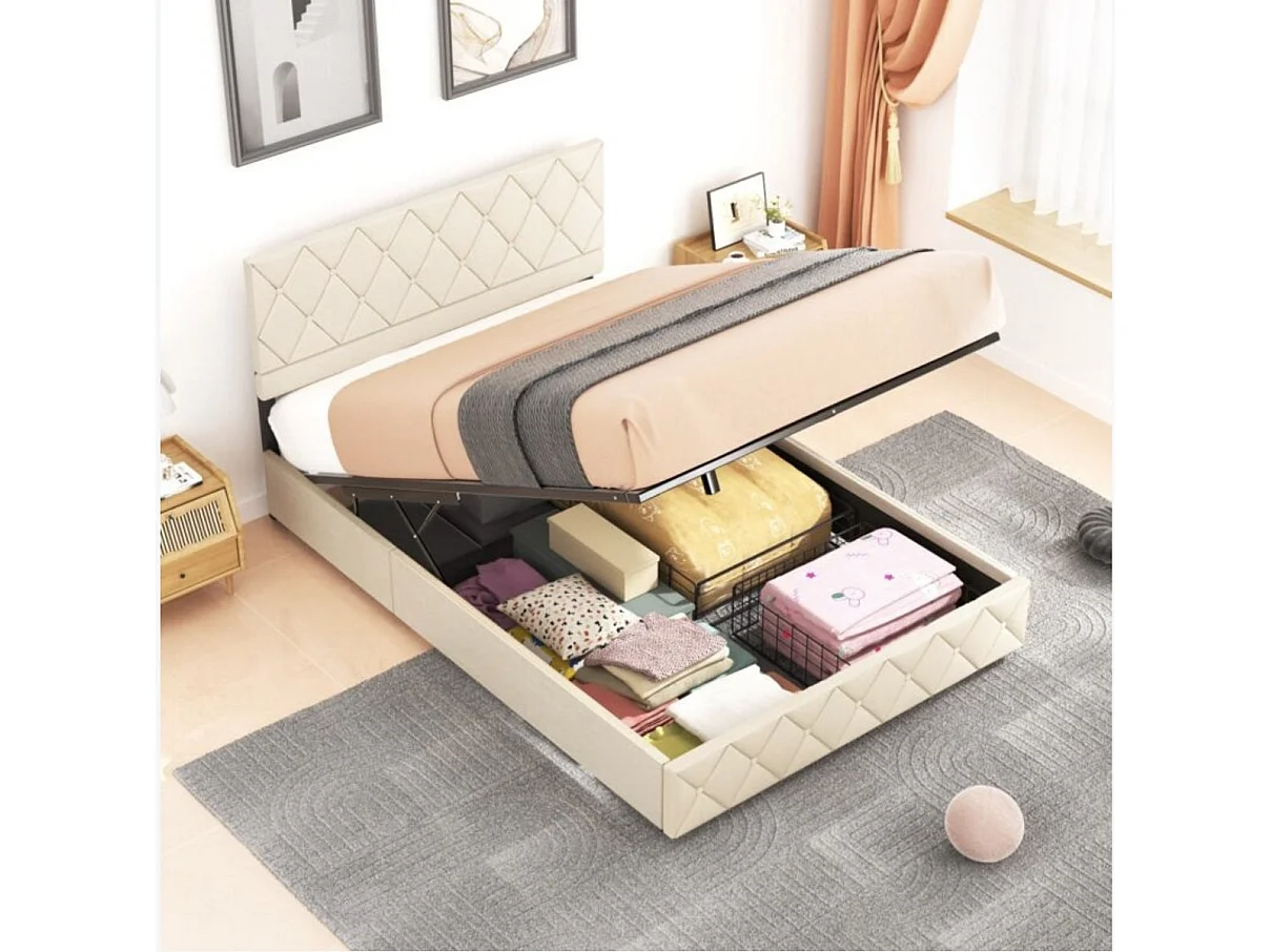 Lit coffre 140x190 cm, lit adulte avec tête de lit de décoration couture bouton et sommier à lattes, beige, sans matelas