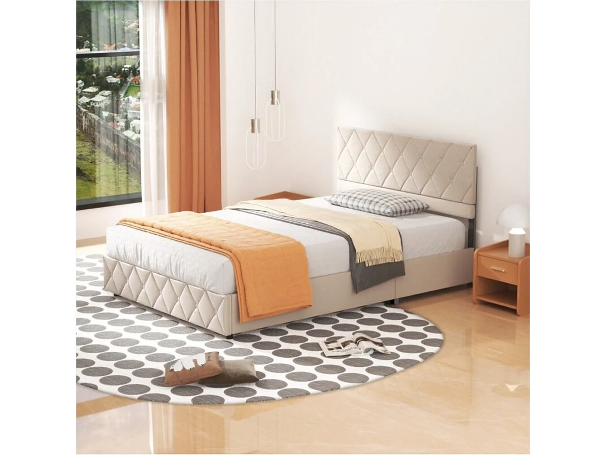 Lit coffre 140x190 cm, lit adulte avec tête de lit de décoration couture bouton et sommier à lattes, beige, sans matelas