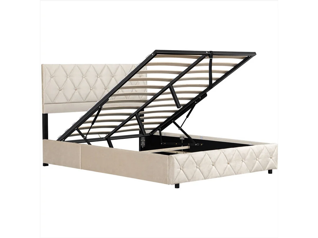 Lit coffre 140x190 cm, lit adulte avec tête de lit de décoration couture bouton et sommier à lattes, beige, sans matelas