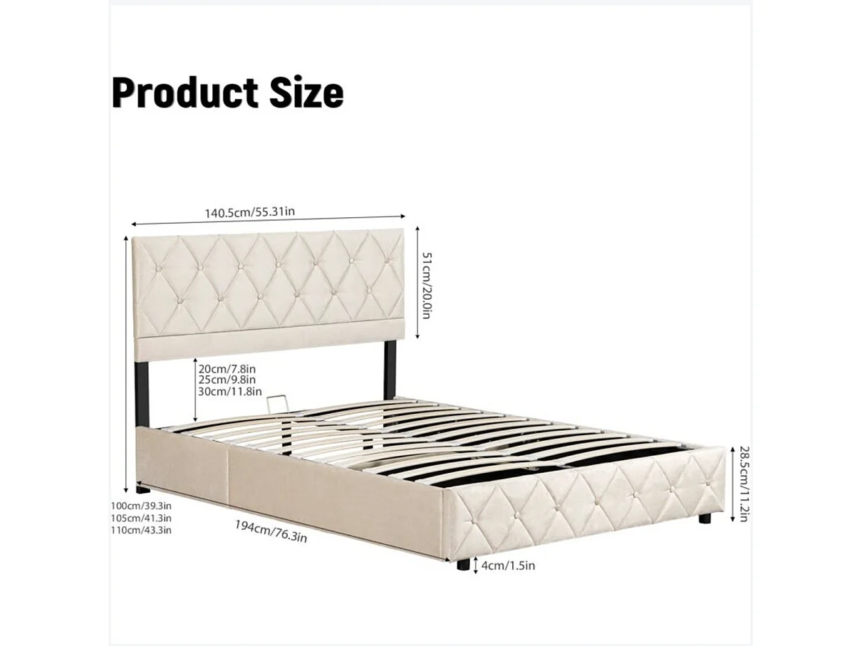 Lit coffre 140x190 cm, lit adulte avec tête de lit de décoration couture bouton et sommier à lattes, beige, sans matelas