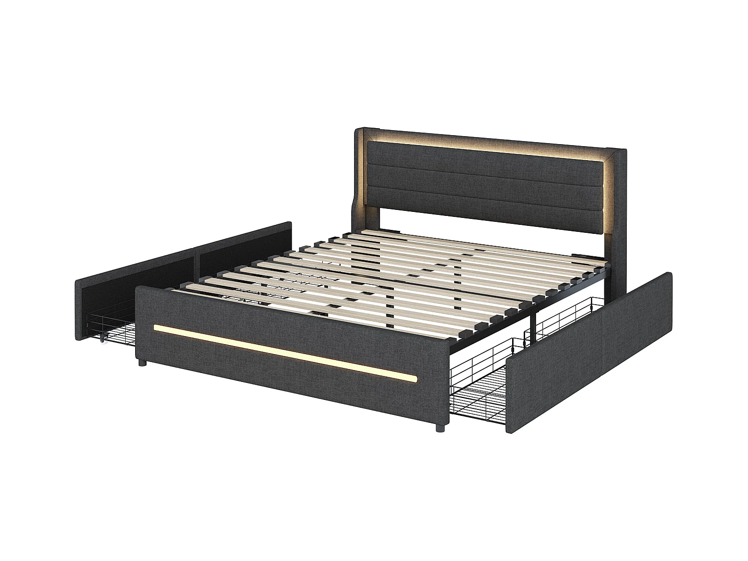 Volwassenenbed 160x200 cm grijs van linnen met 4 lades en LED, lattenbodem, zonder matras