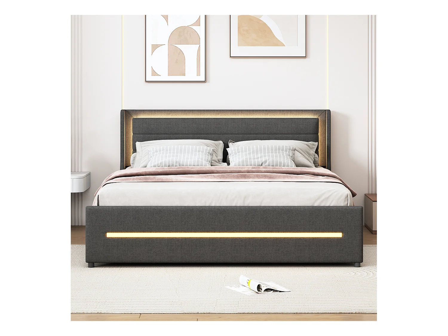 Lit adulte 160x200cm gris en lin avec 4 tiroirs et LED, Sommier à lattes, sans matelas