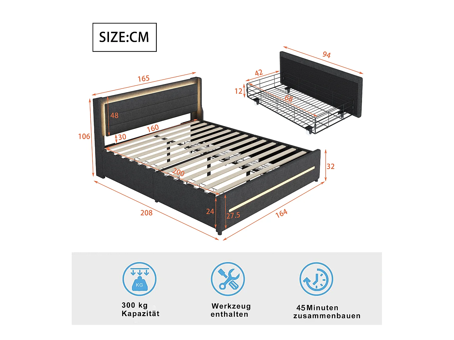 Lit adulte 160x200cm gris en lin avec 4 tiroirs et LED, Sommier à lattes, sans matelas