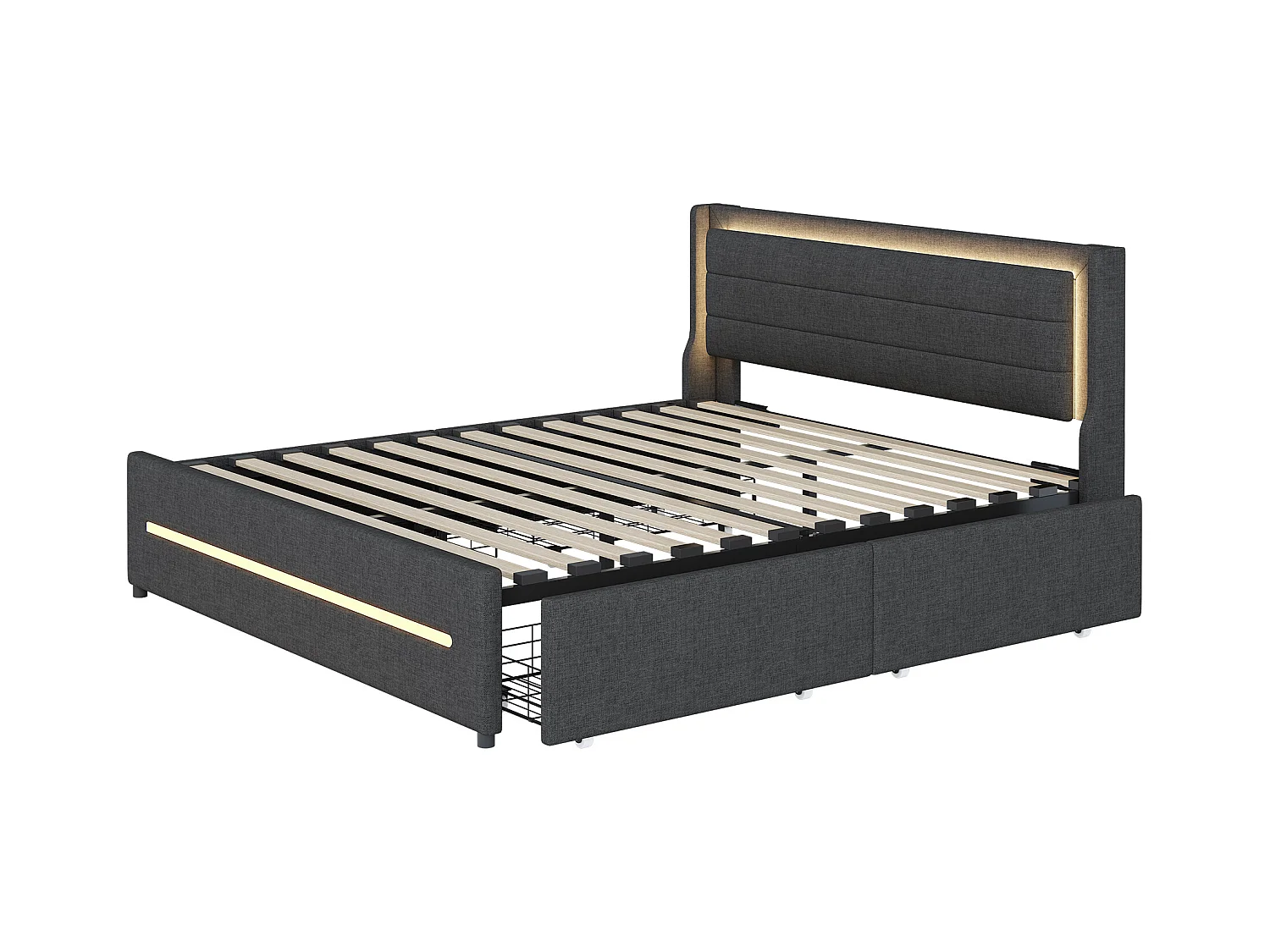 Lit adulte 160x200cm gris en lin avec 4 tiroirs et LED, Sommier à lattes, sans matelas