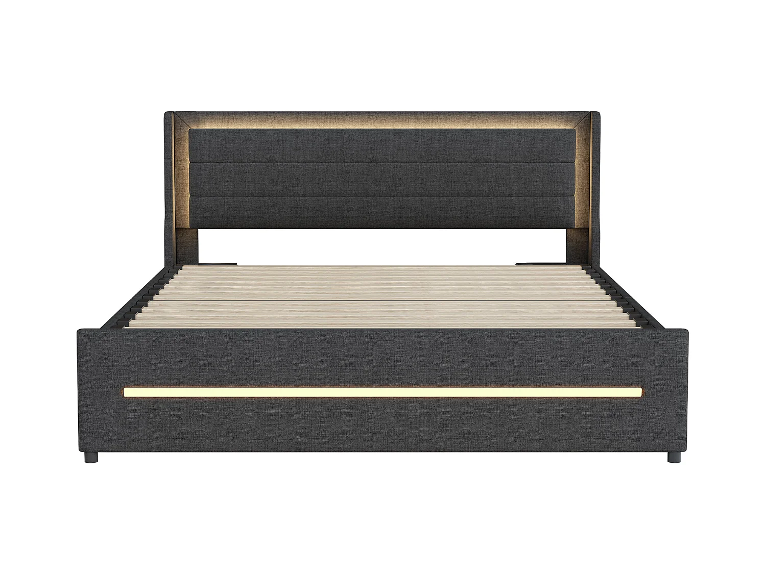 Lit adulte 160x200cm gris en lin avec 4 tiroirs et LED, Sommier à lattes, sans matelas