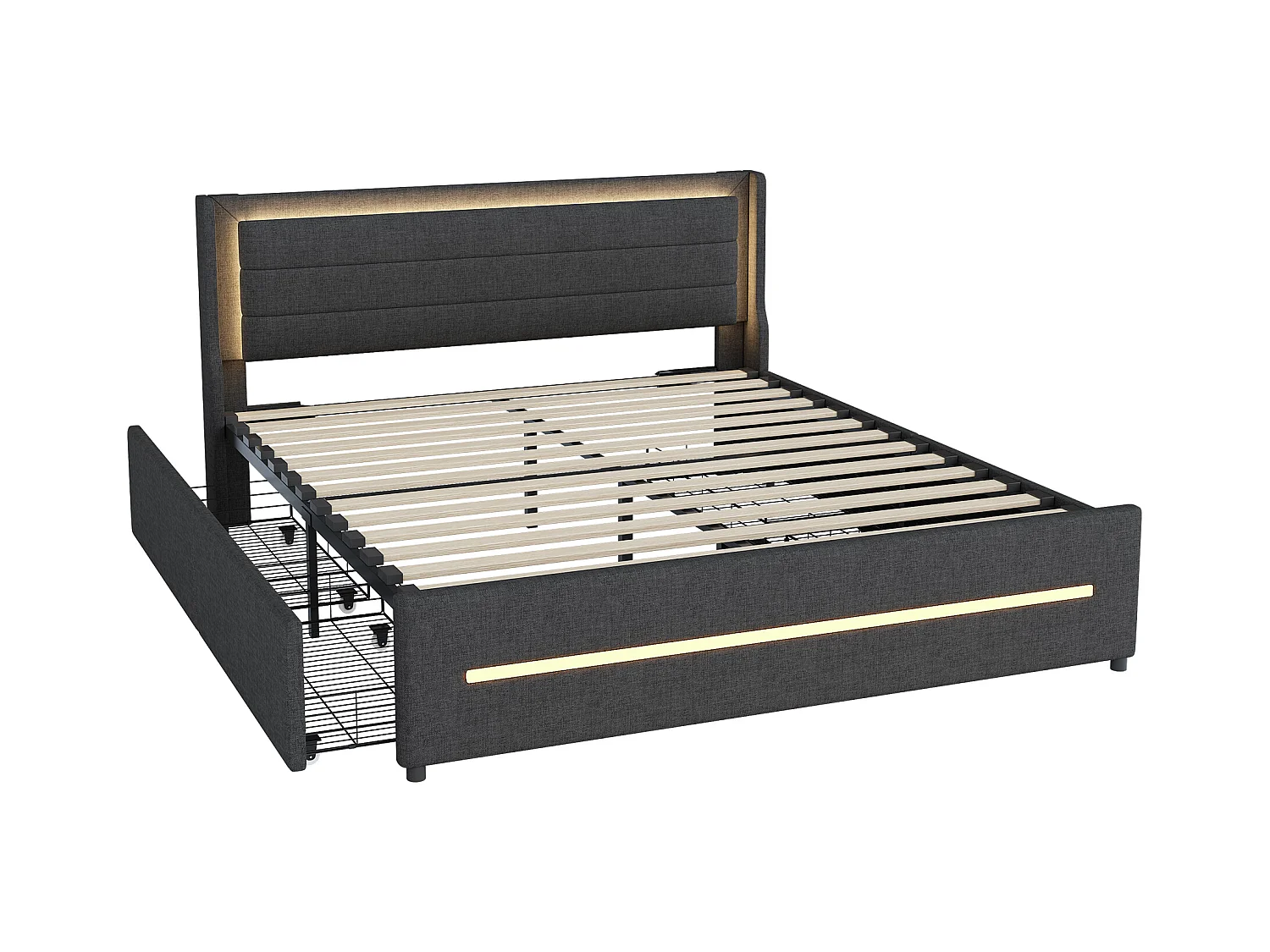 Lit adulte 160x200cm gris en lin avec 4 tiroirs et LED, Sommier à lattes, sans matelas