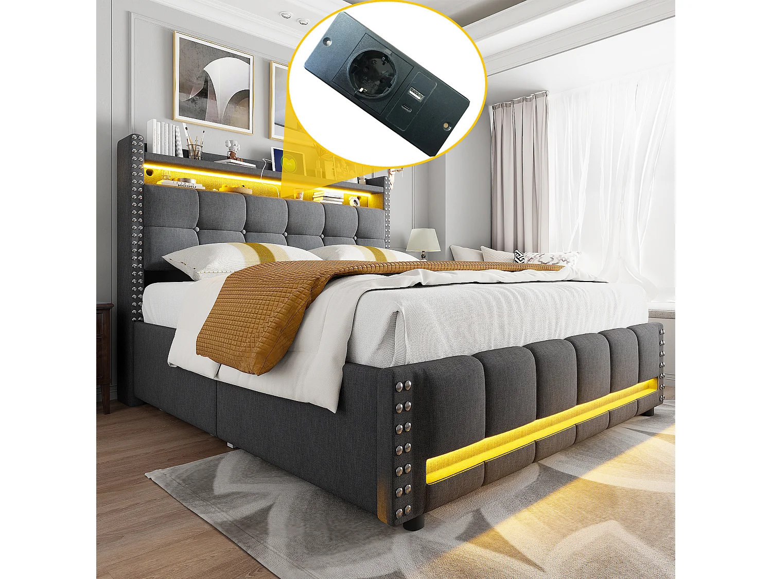 Lit adulte 160x200cm gris en lin avec 4 tiroirs, LED et USB, Sommier à lattes, sans matelas