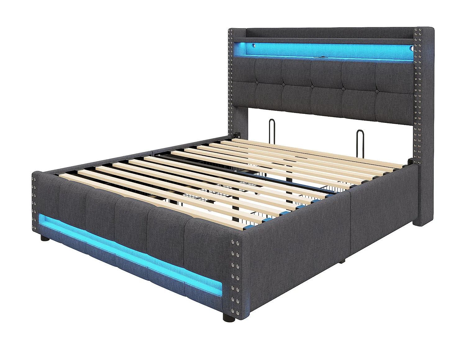 Lit adulte 160x200cm gris en lin avec 4 tiroirs, LED et USB, Sommier à lattes, sans matelas