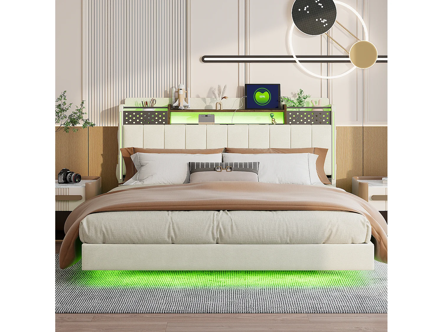 Lit adulte 160x200cm beige en lin avec tête de lit de rangement, LED et USB, designe flottant, sans matelas