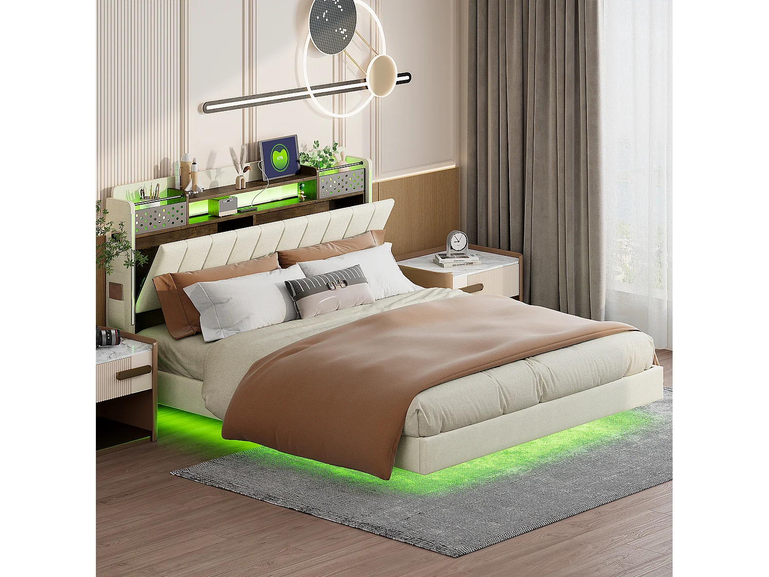 Lit adulte 160x200cm beige en lin avec tête de lit de rangement, LED et USB, designe flottant, sans matelas