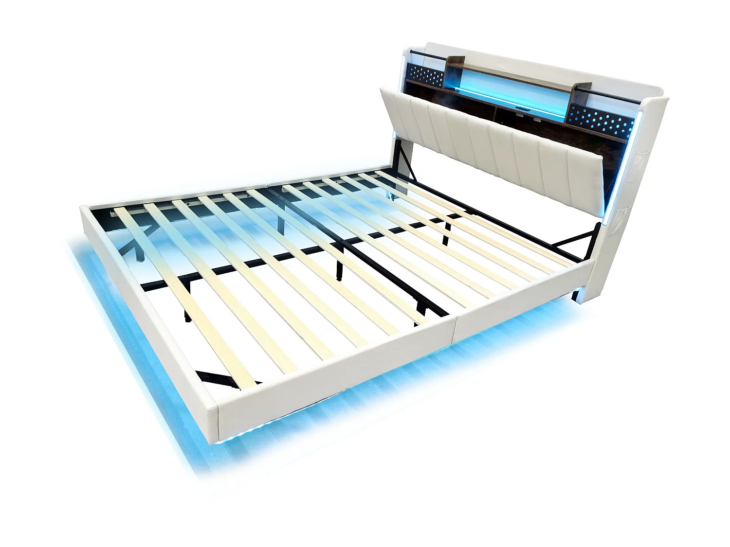 Lit adulte 160x200cm beige en lin avec tête de lit de rangement, LED et USB, designe flottant, sans matelas