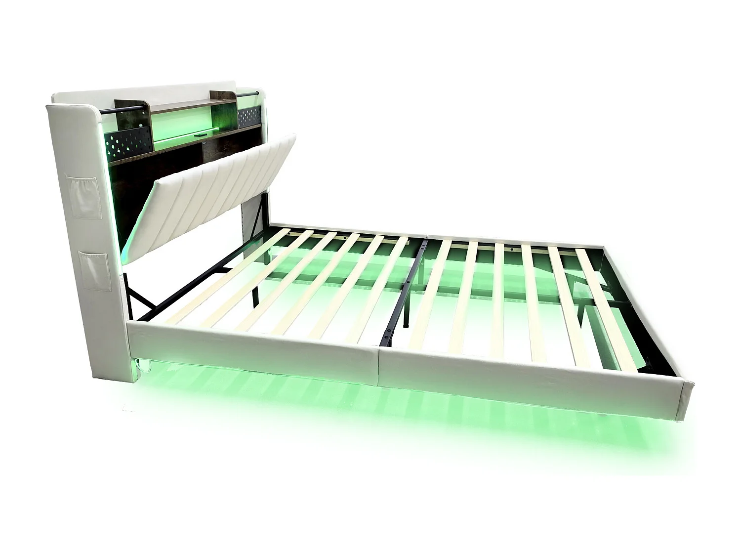 Lit adulte 160x200cm beige en lin avec tête de lit de rangement, LED et USB, designe flottant, sans matelas