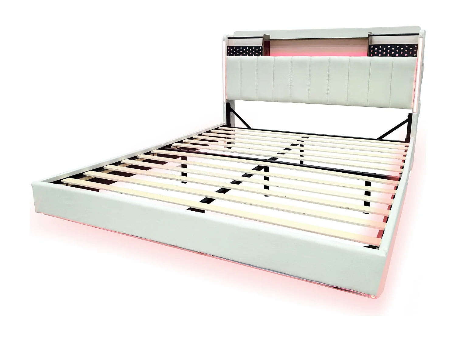 Lit adulte 160x200cm beige en lin avec tête de lit de rangement, LED et USB, designe flottant, sans matelas