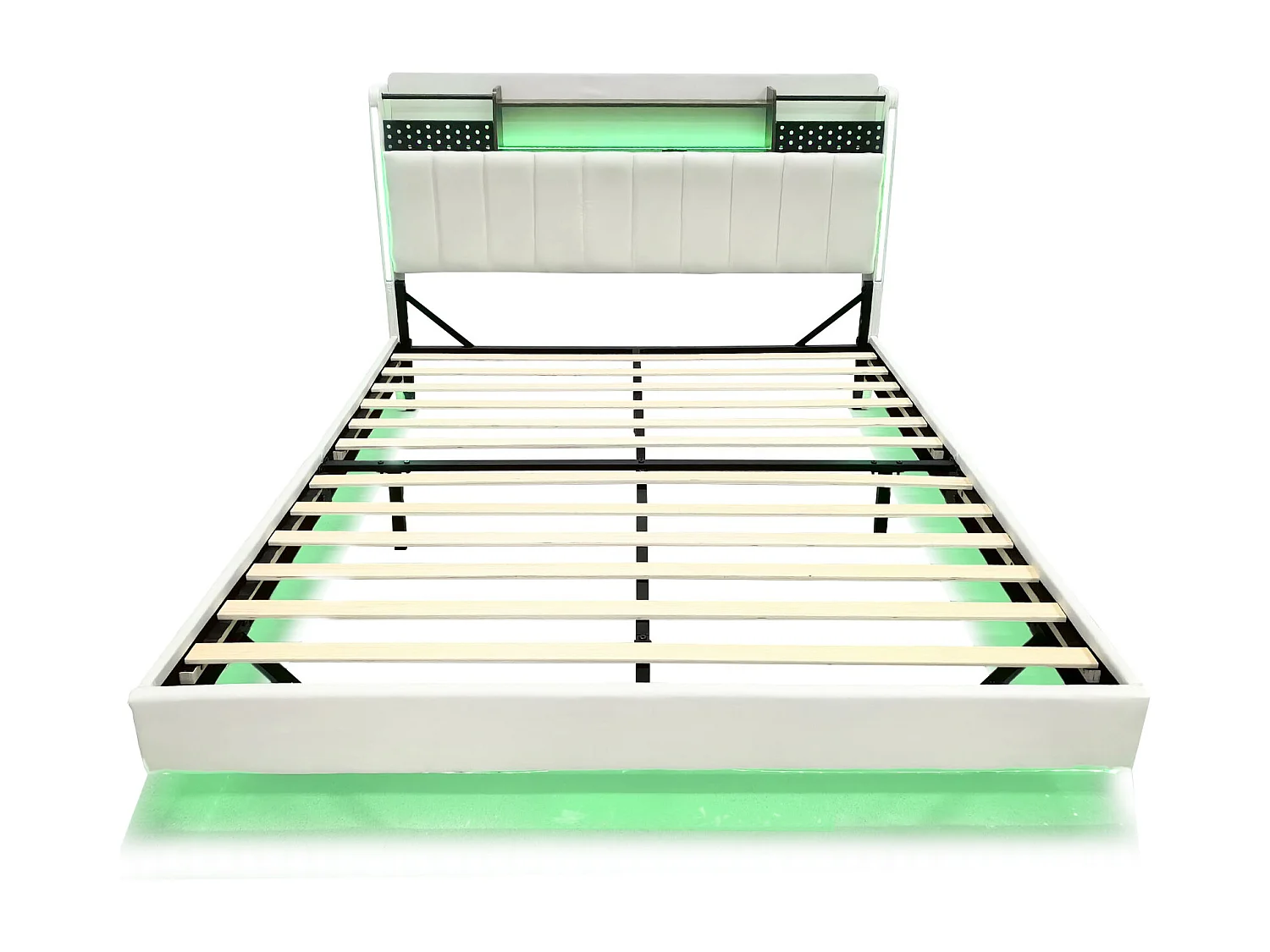 Lit adulte 160x200cm beige en lin avec tête de lit de rangement, LED et USB, designe flottant, sans matelas