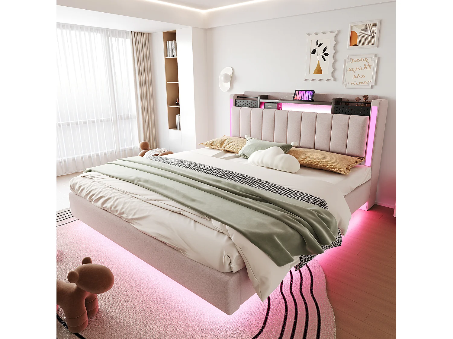 Lit adulte 160x200cm beige en lin avec tête de lit de rangement, LED et USB, designe flottant, sans matelas