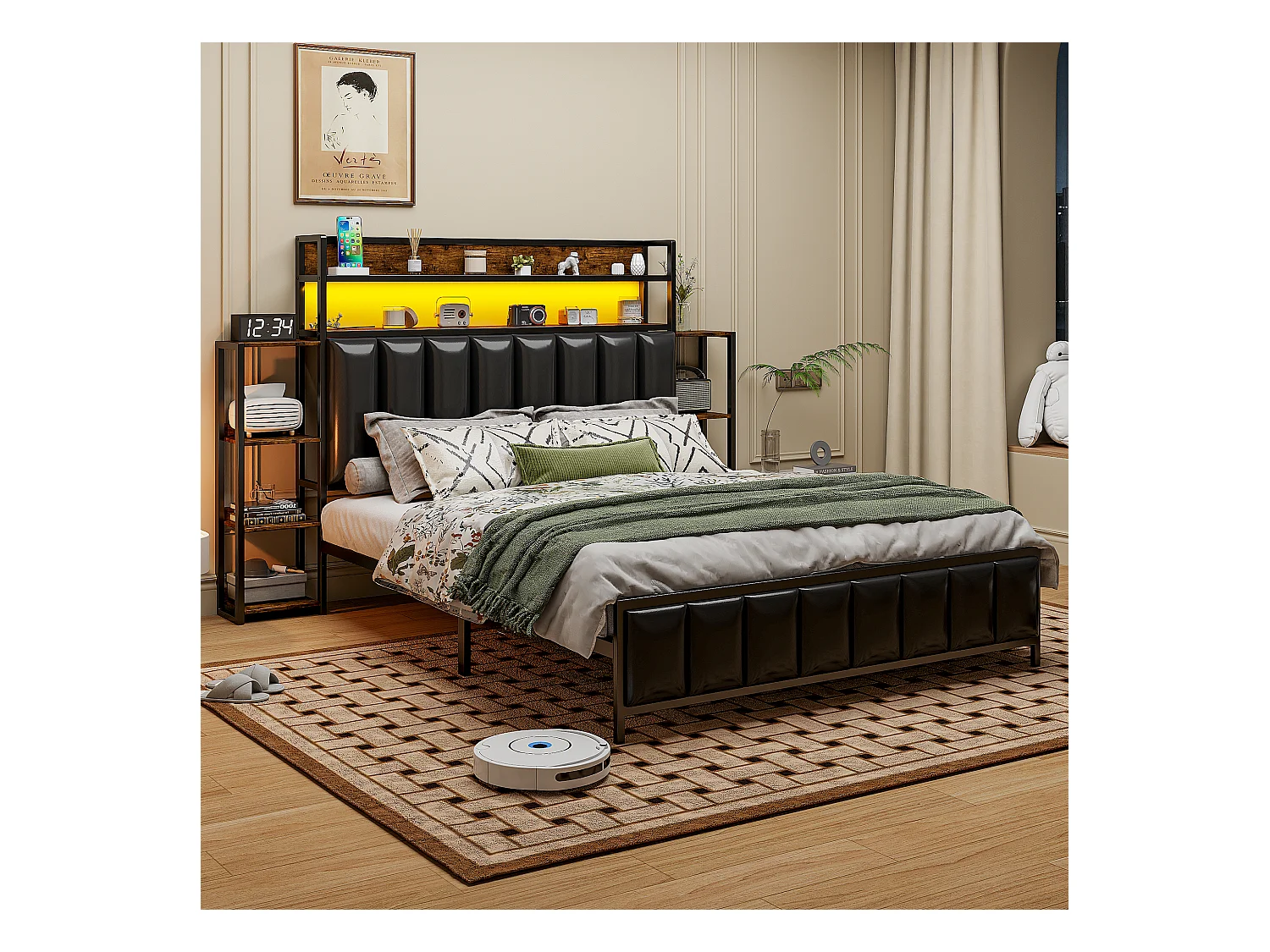 Cama adulta 140x200 cm negra en PU, cabecero con estantes y luz LED, somier de láminas, sin colchón