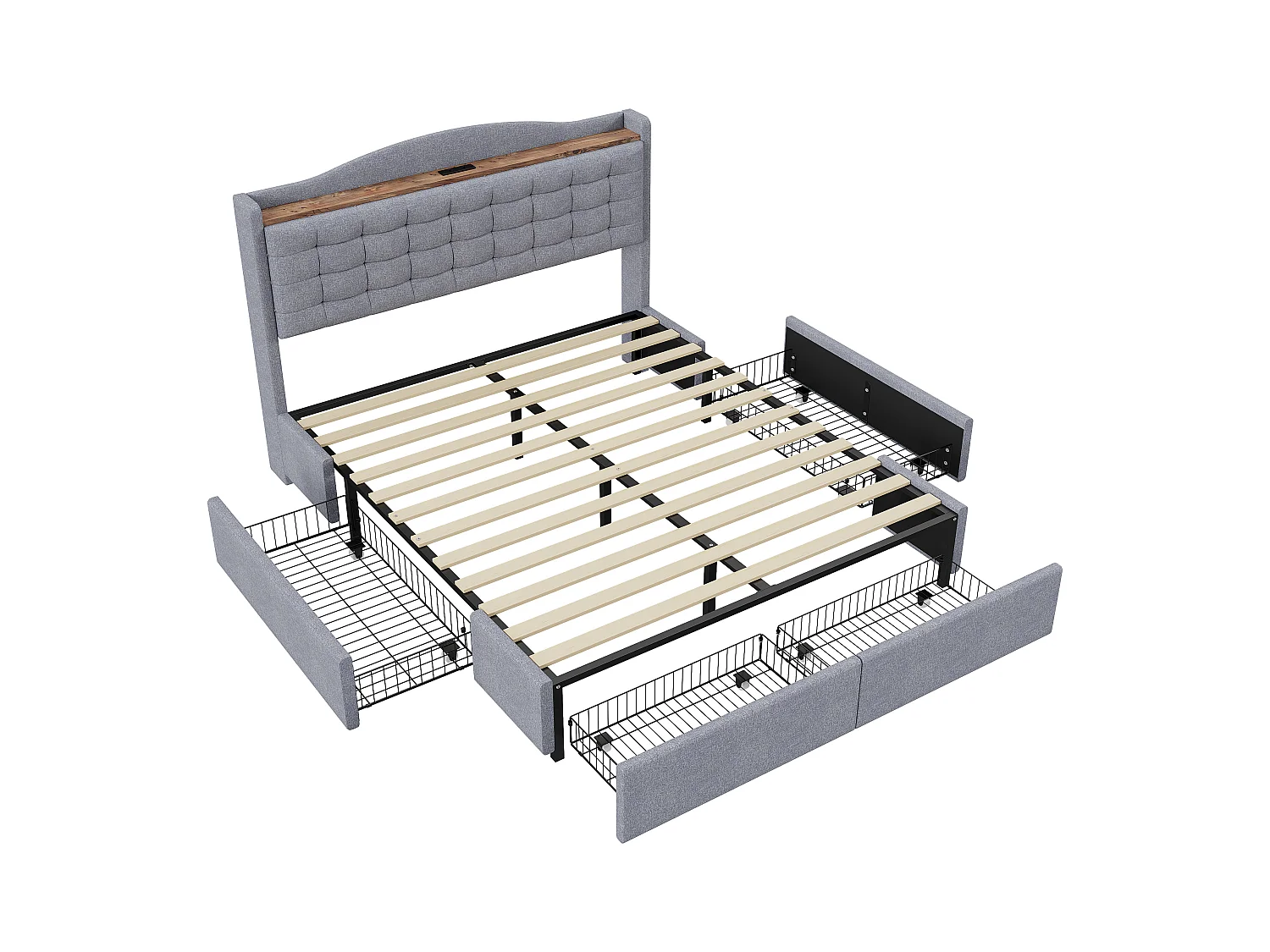 Lit adulte 140x200cm gris en lin avec 4 tiroirs et USB, Sommier à lattes, sans matelas