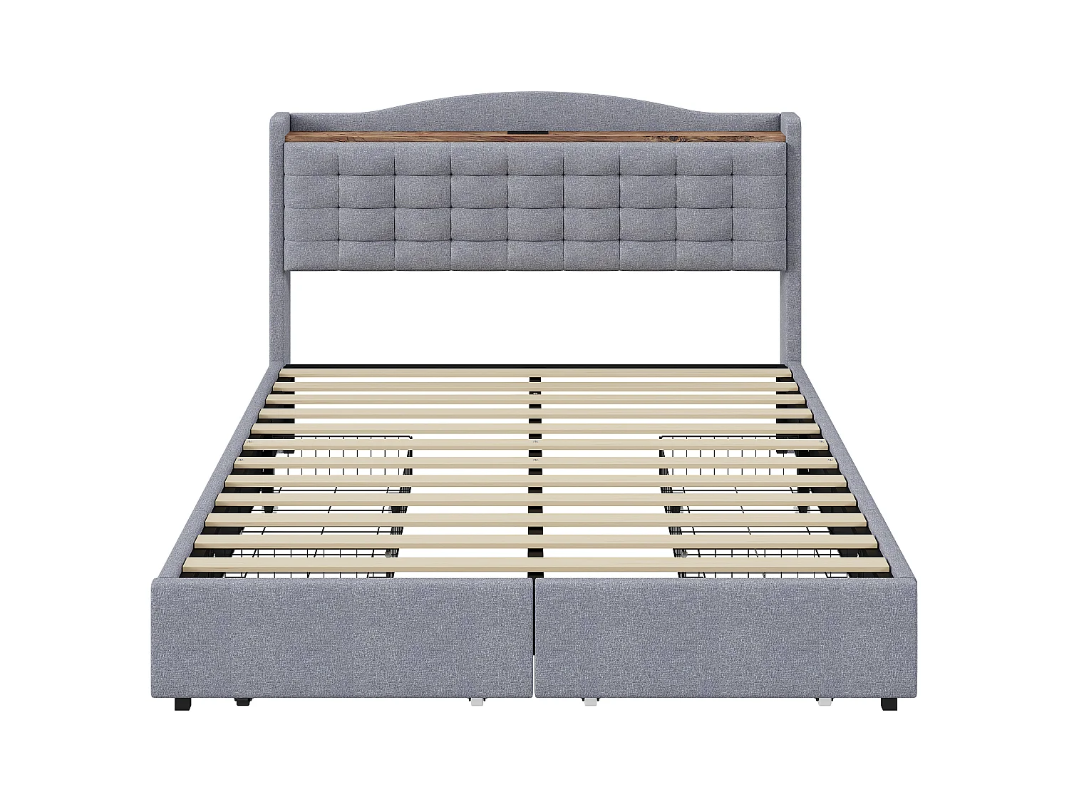 Lit adulte 140x200cm gris en lin avec 4 tiroirs et USB, Sommier à lattes, sans matelas