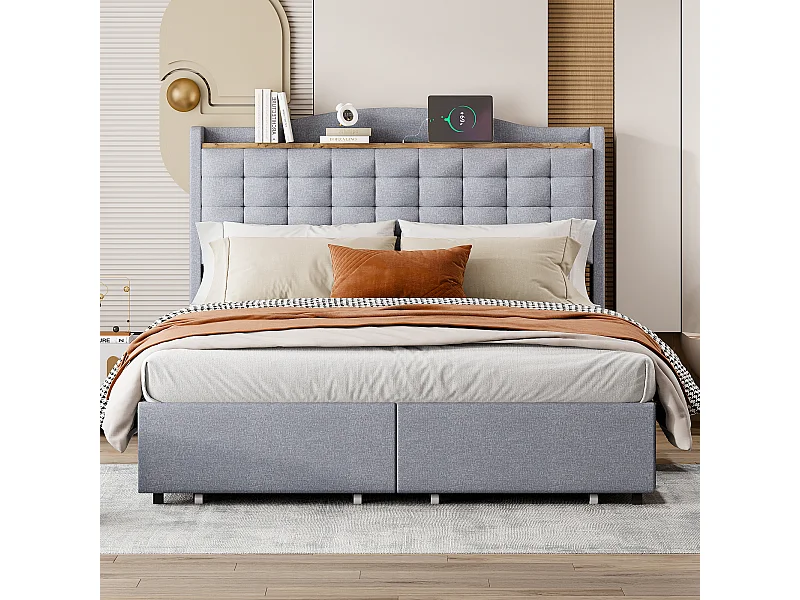 Letto per adulti 140x200 cm in lino grigio con 4 cassetti e USB, rete a doghe, senza materasso