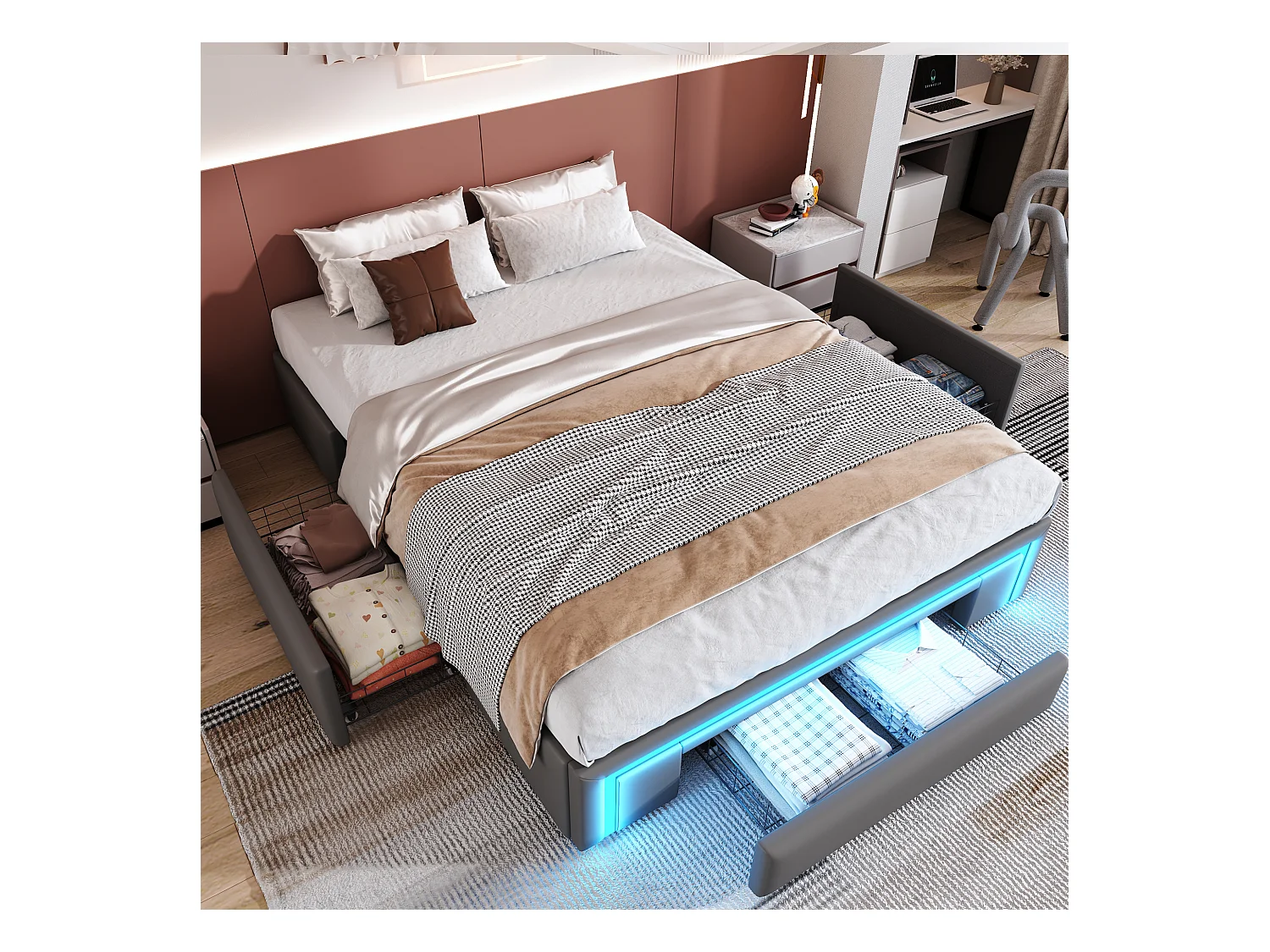 Lit enfant 140x200cm gris en PU avec 3 tiroirs et LED, sans tête de lit, sommier inclus, sans matelas