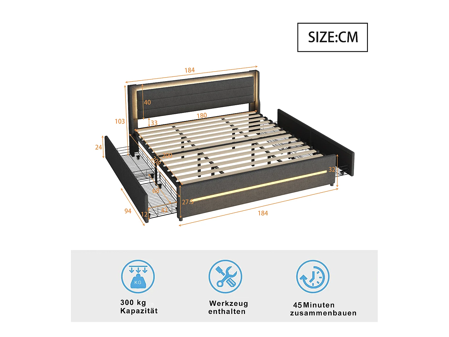 Volwassenenbed 180x200 cm grijs van linnen met 4 lades en LED, lattenbodem, zonder matras