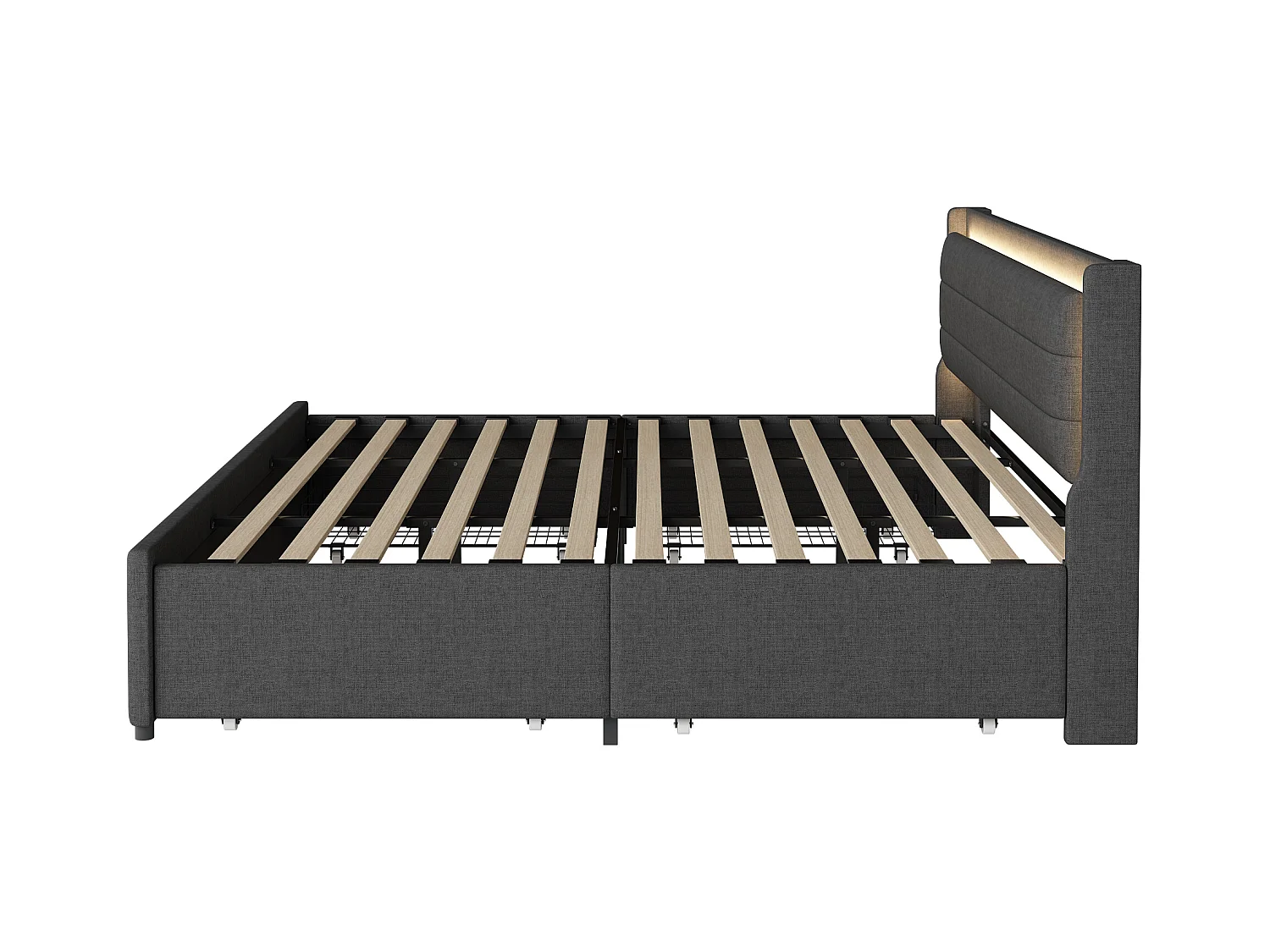 Volwassenenbed 180x200 cm grijs van linnen met 4 lades en LED, lattenbodem, zonder matras