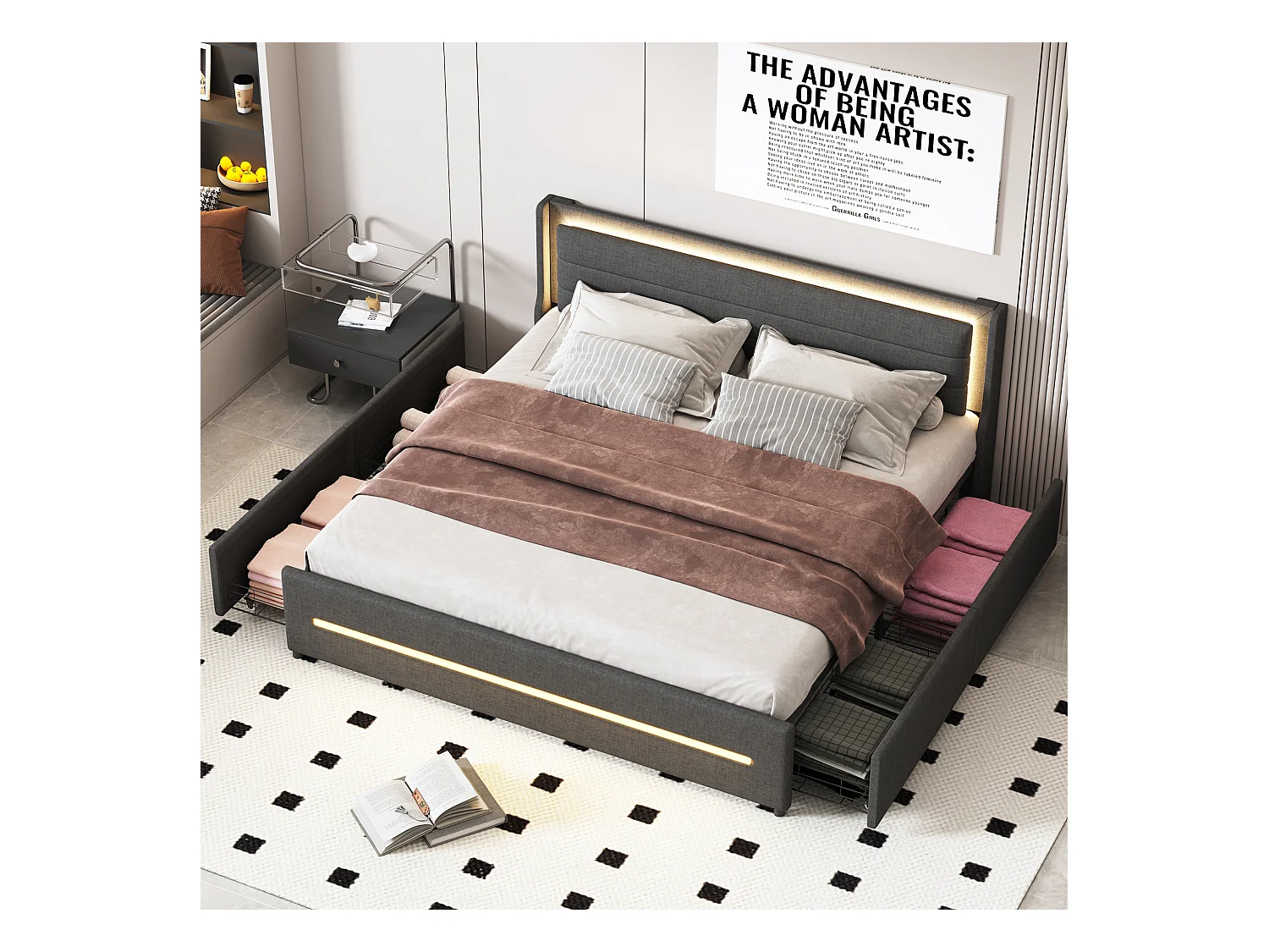 Lit adulte 180x200cm gris en lin avec 4 tiroirs et LED, Sommier à lattes, sans matelas