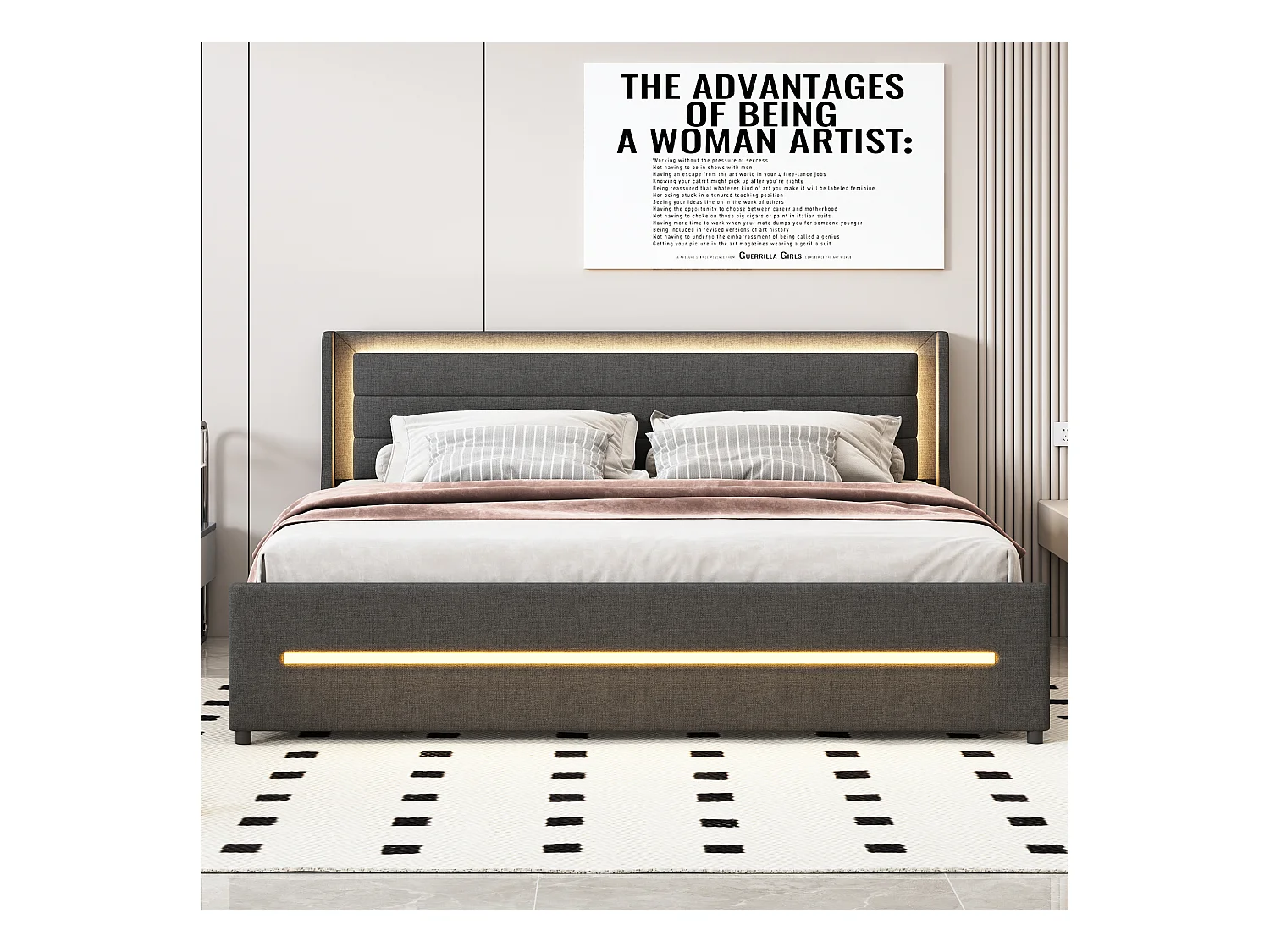 Lit adulte 180x200cm gris en lin avec 4 tiroirs et LED, Sommier à lattes, sans matelas