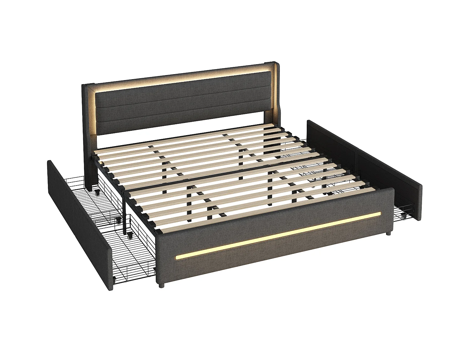 Lit adulte 180x200cm gris en lin avec 4 tiroirs et LED, Sommier à lattes, sans matelas