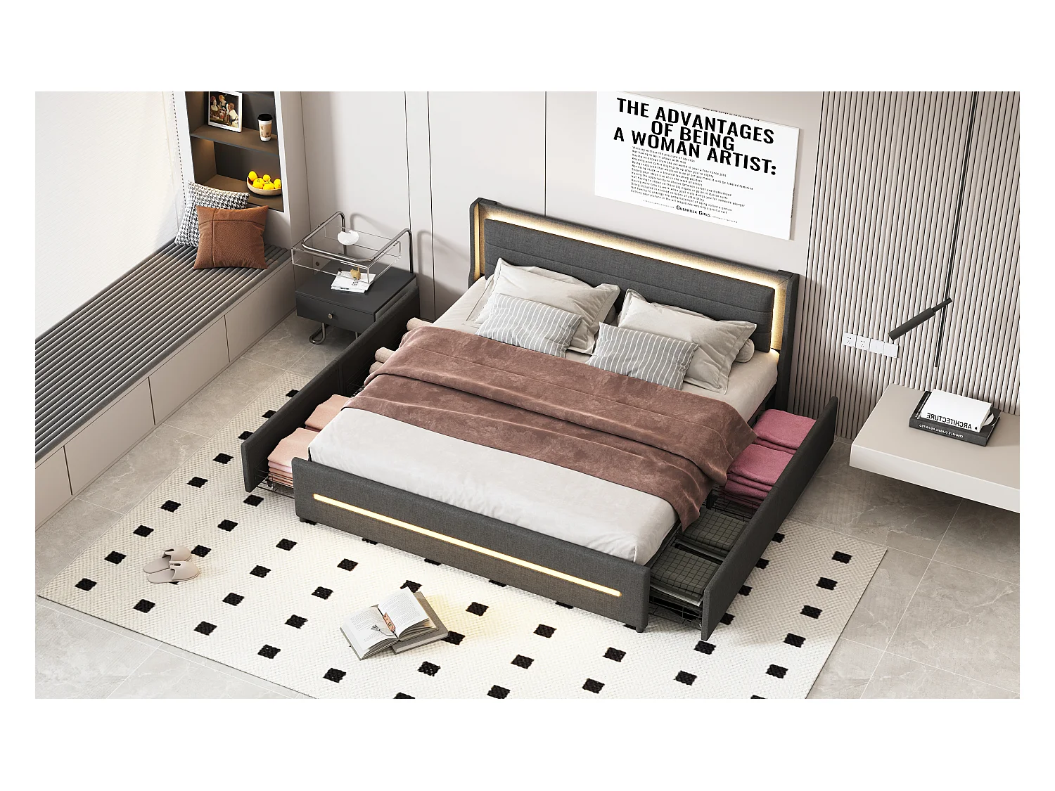 Lit adulte 180x200cm gris en lin avec 4 tiroirs et LED, Sommier à lattes, sans matelas