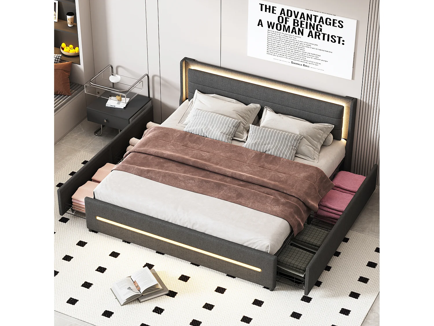 Lit adulte 180x200cm gris en lin avec 4 tiroirs et LED, Sommier à lattes, sans matelas