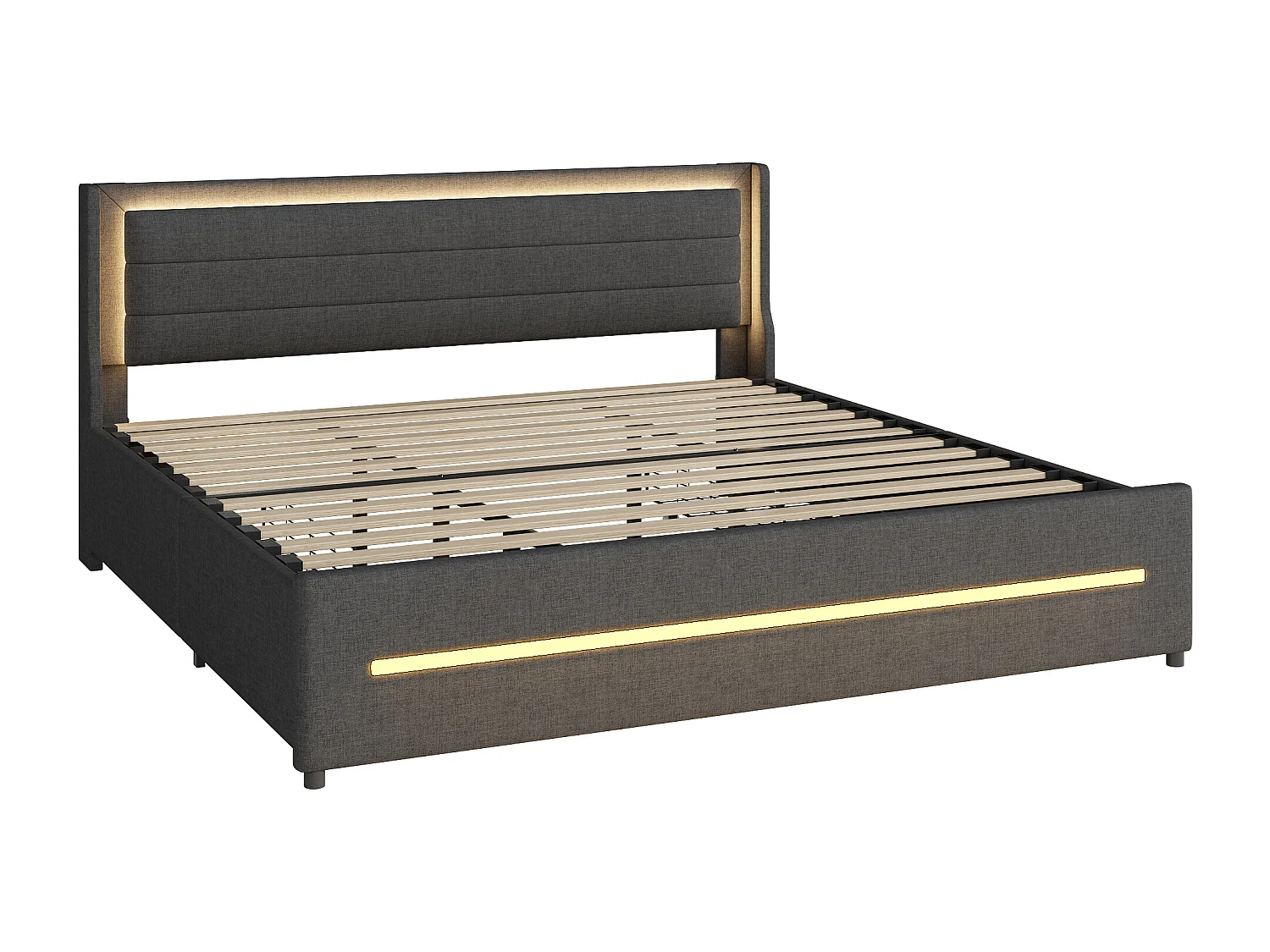Lit adulte 180x200cm gris en lin avec 4 tiroirs et LED, Sommier à lattes, sans matelas