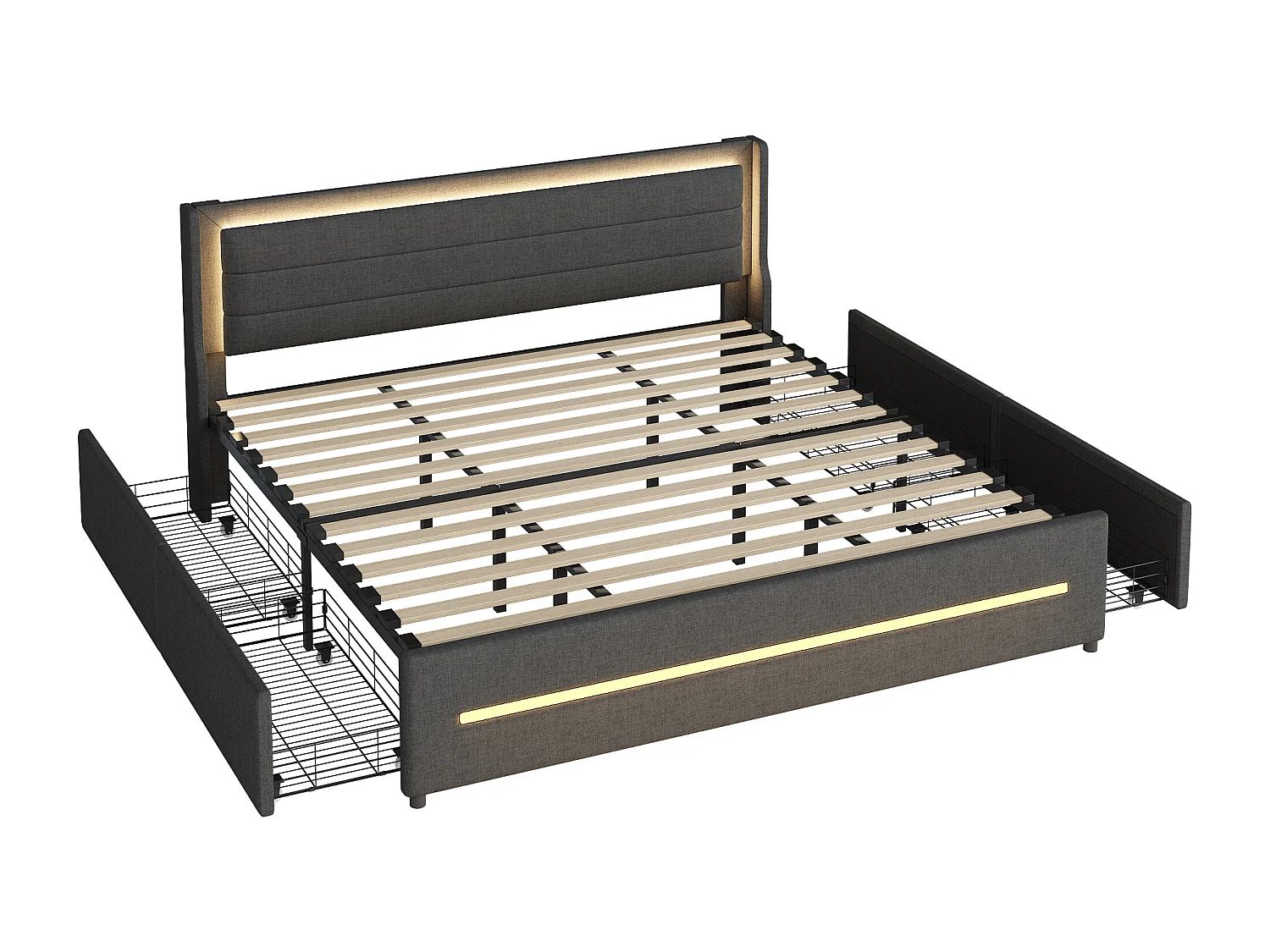 Lit adulte 180x200cm gris en lin avec 4 tiroirs et LED, Sommier à lattes, sans matelas