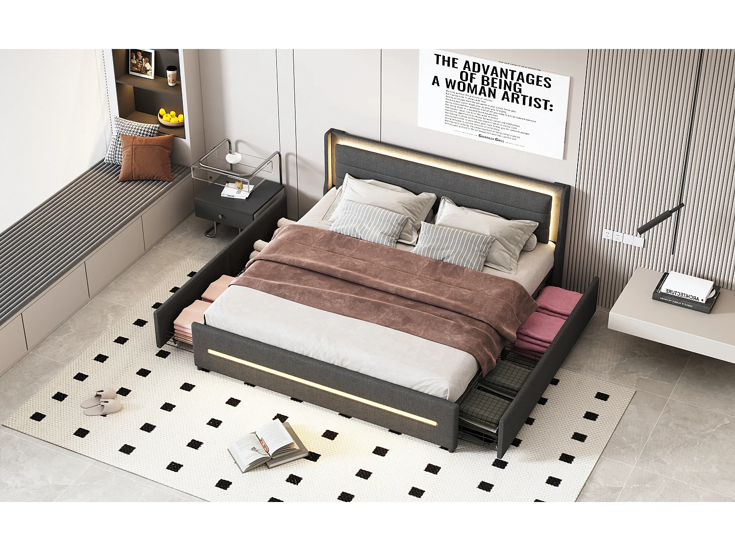 Lit adulte 180x200cm gris en lin avec 4 tiroirs et LED, Sommier à lattes, sans matelas