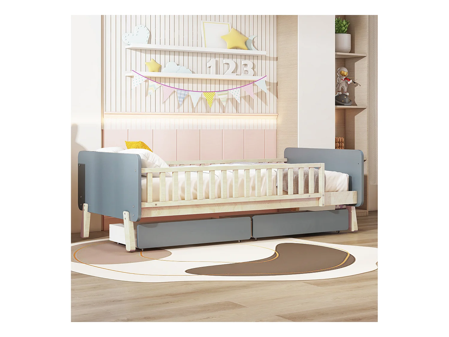 Lit enfant 90x190cm, cadre en bois avec 2 tiroirs, sommier à lattes, gris, sans matelas