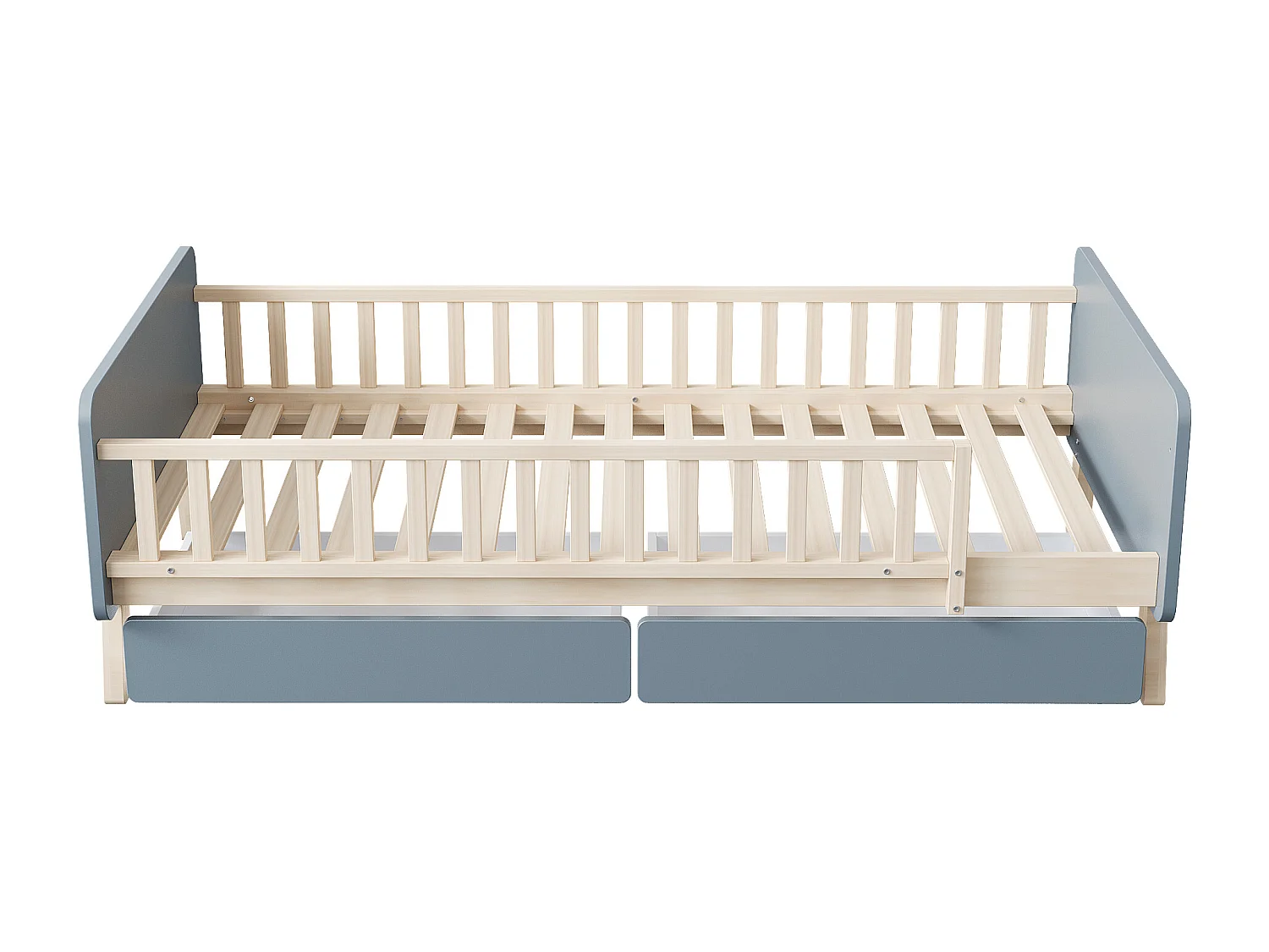 Lit enfant 90x190cm, cadre en bois avec 2 tiroirs, sommier à lattes, gris, sans matelas