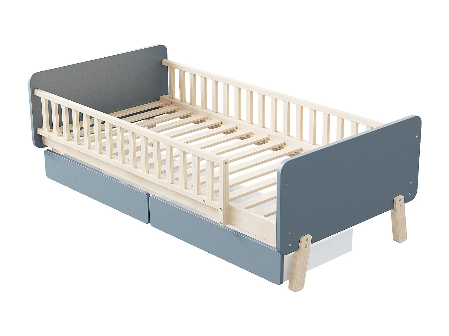 Lit enfant 90x190cm, cadre en bois avec 2 tiroirs, sommier à lattes, gris, sans matelas