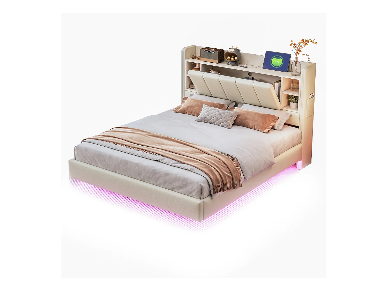 Cama de adulto 140x200 cm bege em linho, design flutuante com LED e USB, cabeceira com arrumação, sem colchão