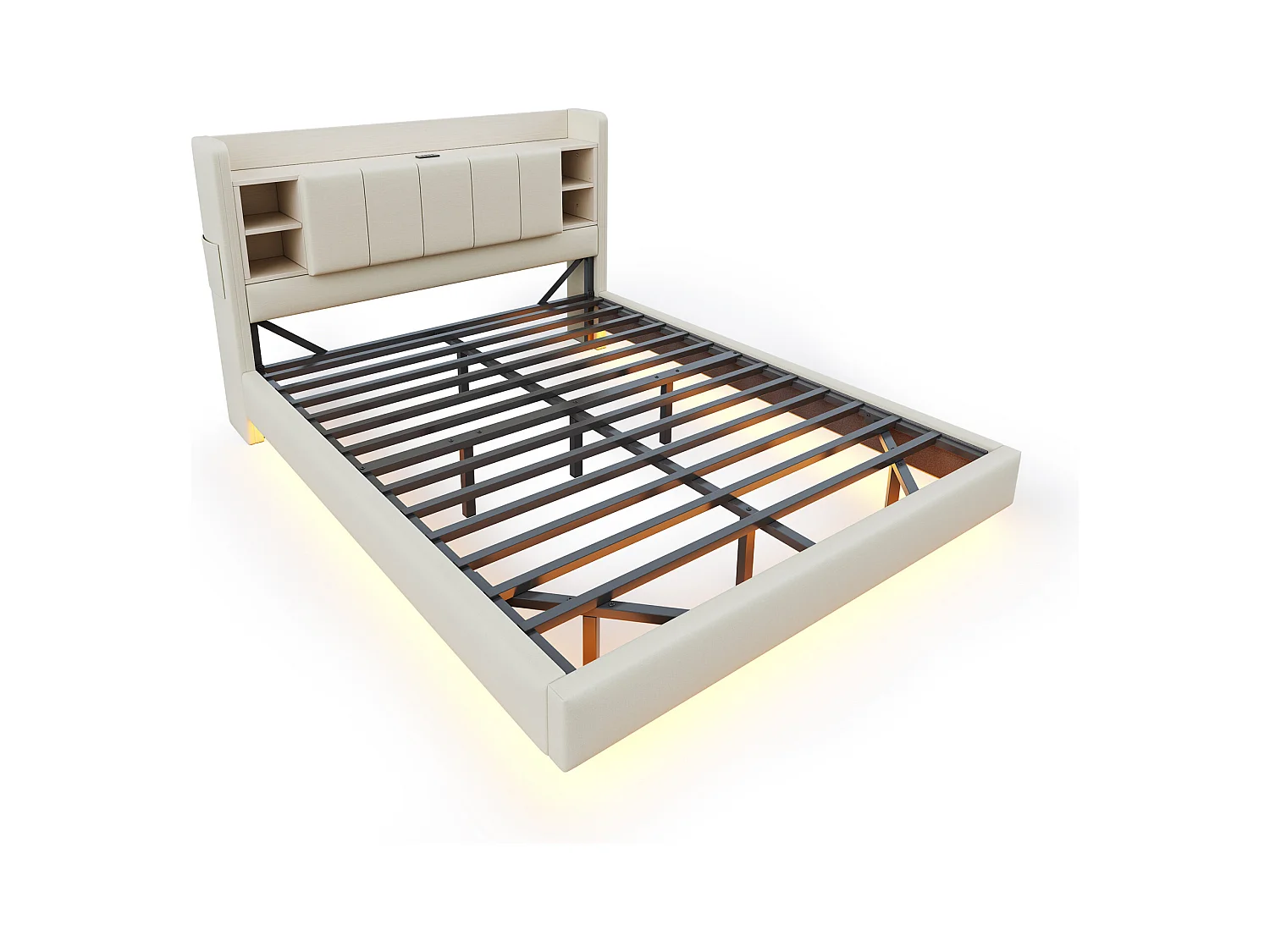 Cama de adulto 140x200 cm bege em linho, design flutuante com LED e USB, cabeceira com arrumação, sem colchão