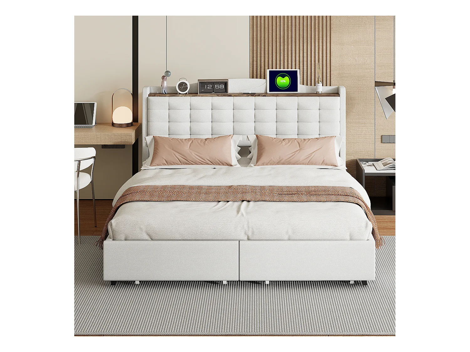 Lit adulte 160x200cm beige en lin avec 4 tiroirs et USB, Sommier à lattes, sans matelas