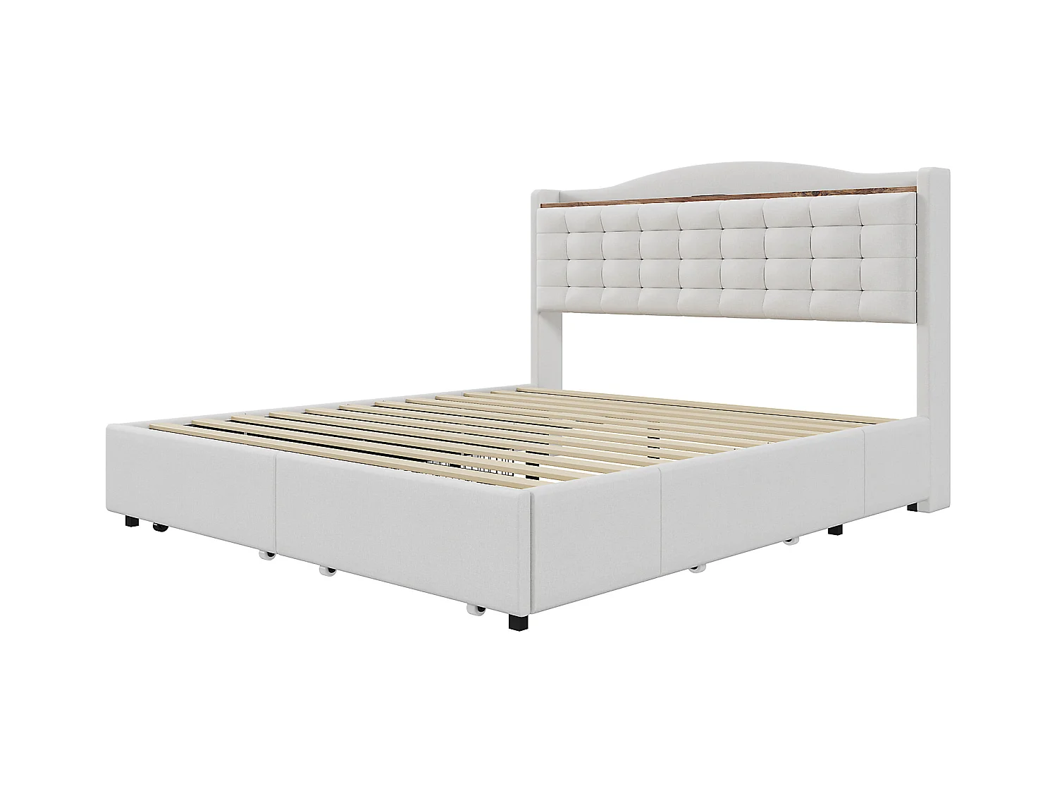 Lit adulte 160x200cm beige en lin avec 4 tiroirs et USB, Sommier à lattes, sans matelas