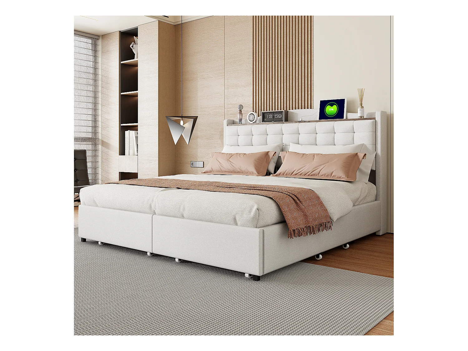 Lit adulte 160x200cm beige en lin avec 4 tiroirs et USB, Sommier à lattes, sans matelas