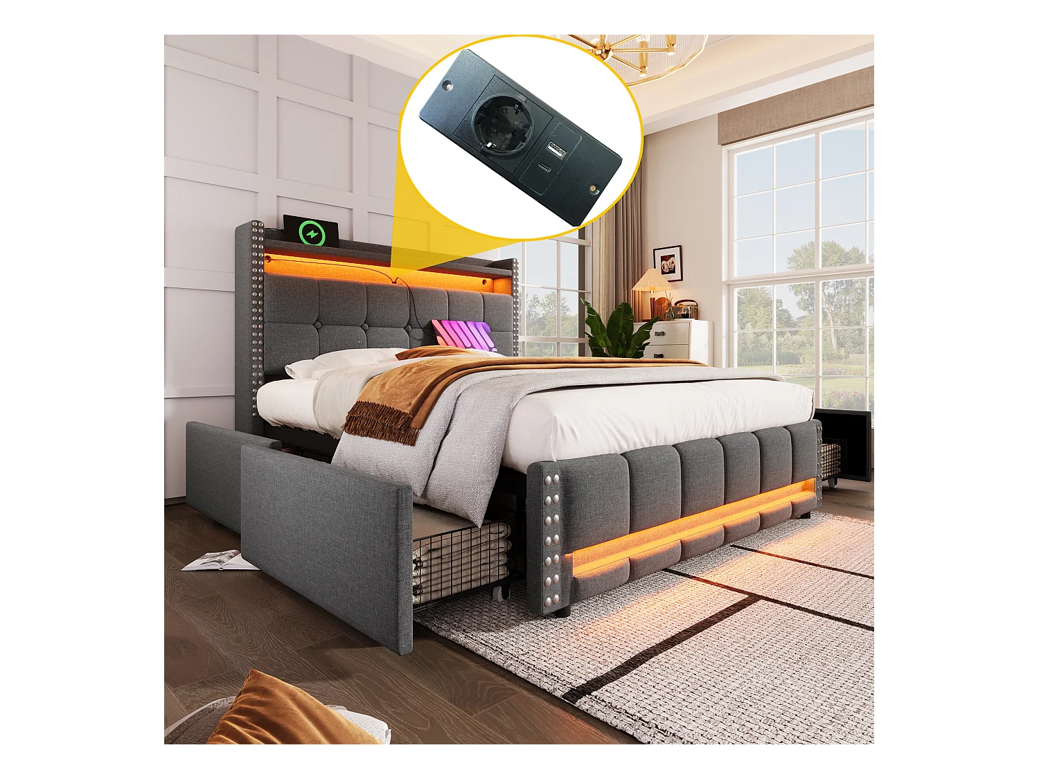 Lit adulte 140x200cm gris en lin avec 4 tiroirs, LED et USB, Sommier à lattes, sans matelas