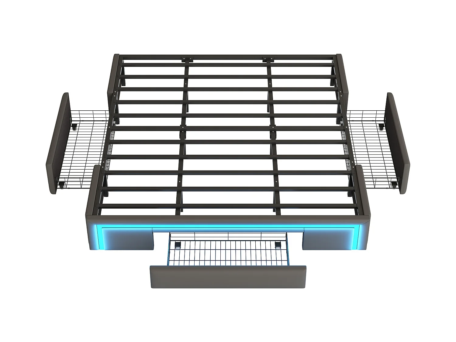 Lit enfant 180x200cm gris en PU avec 3 tiroirs et LED, sans tête de lit, sommier inclus, sans matelas