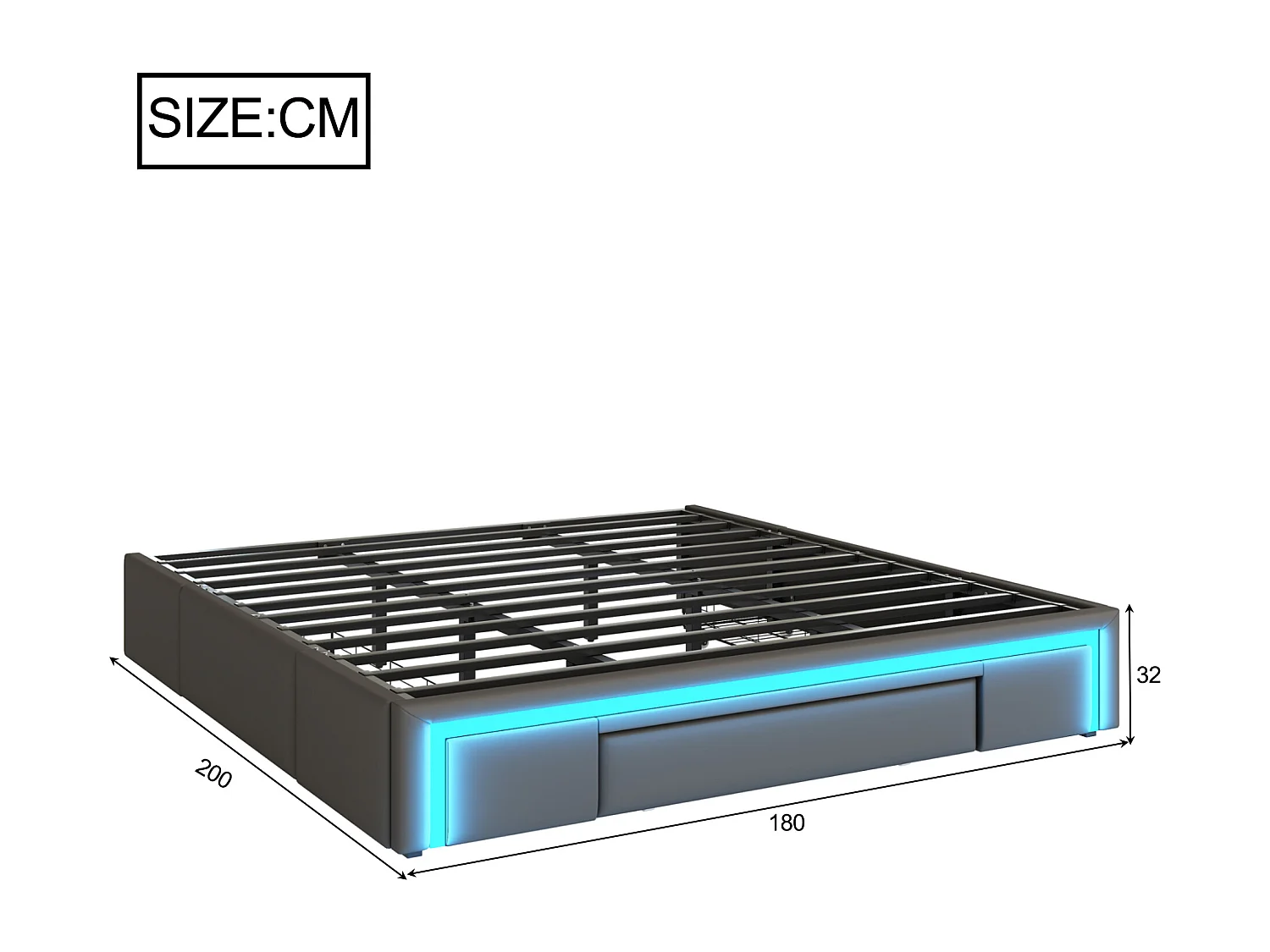 Lit enfant 180x200cm gris en PU avec 3 tiroirs et LED, sans tête de lit, sommier inclus, sans matelas