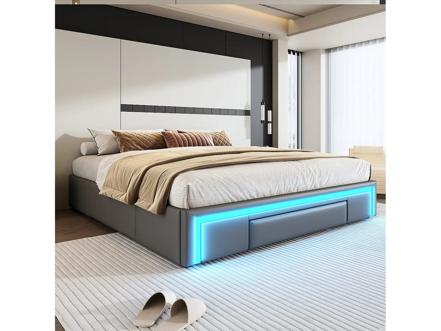 Lit enfant 180x200cm gris en PU avec 3 tiroirs et LED, sans tête de lit, sommier inclus, sans matelas