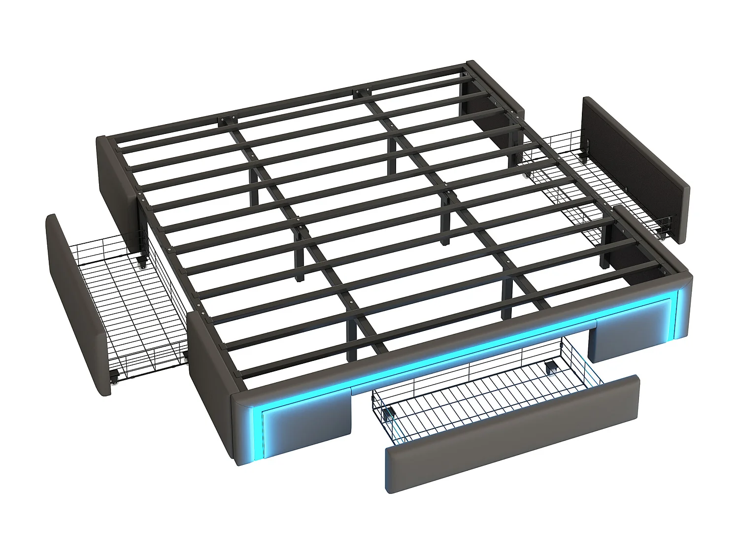 Lit enfant 180x200cm gris en PU avec 3 tiroirs et LED, sans tête de lit, sommier inclus, sans matelas