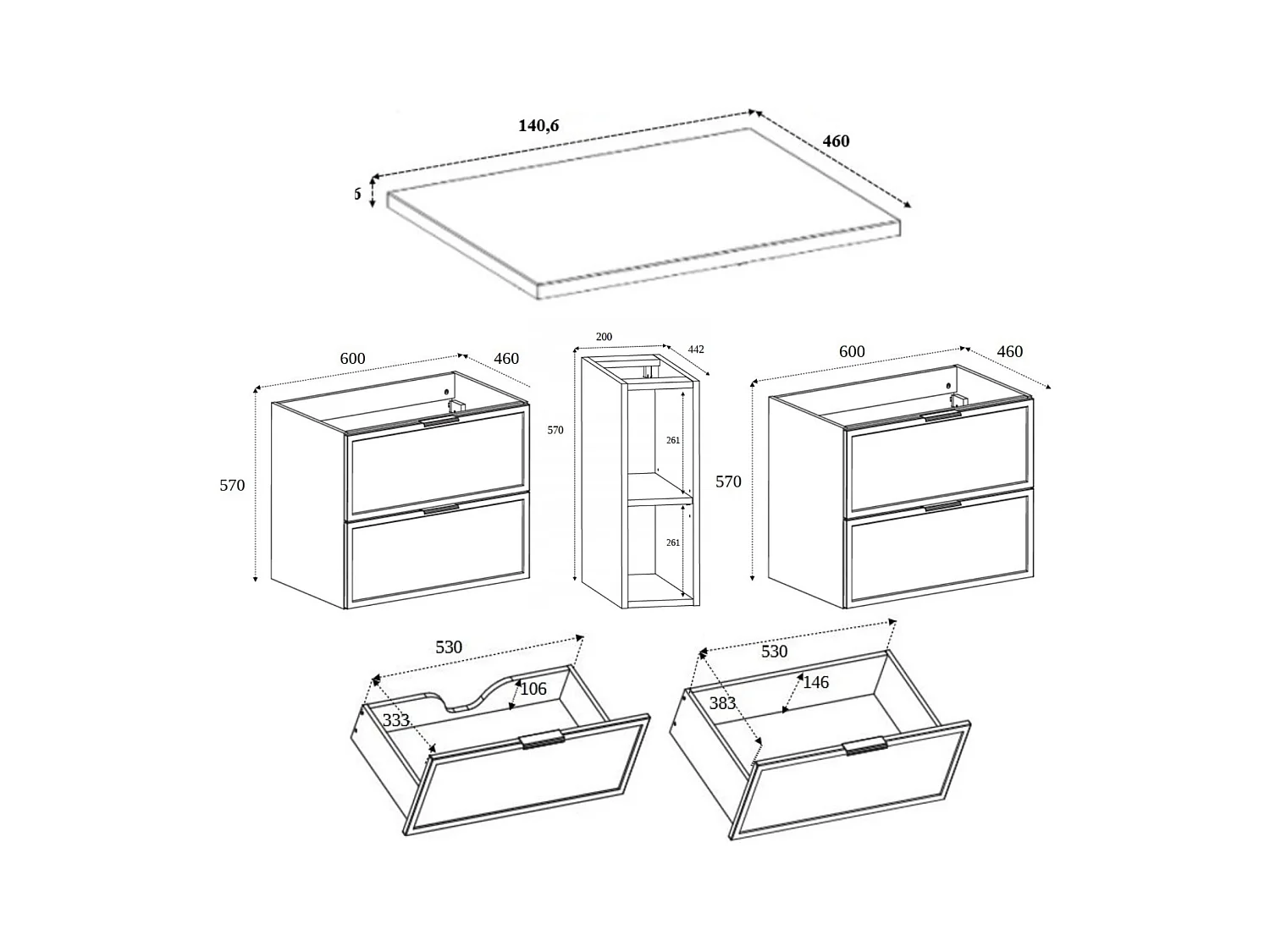 Meuble de salle de bain, Cachemire, poignée noire, 140 ( 2 x 60 + 20) x 46 x 57 cm